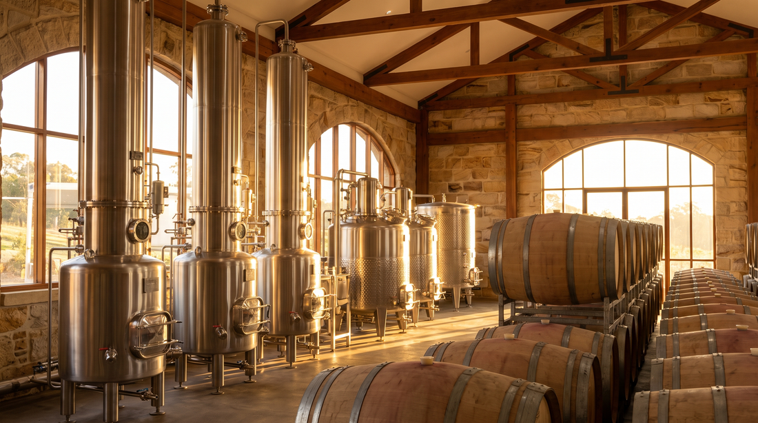 NSW winery dealcoholisation facility producing lower-alcohol wine, stainless steel equipment